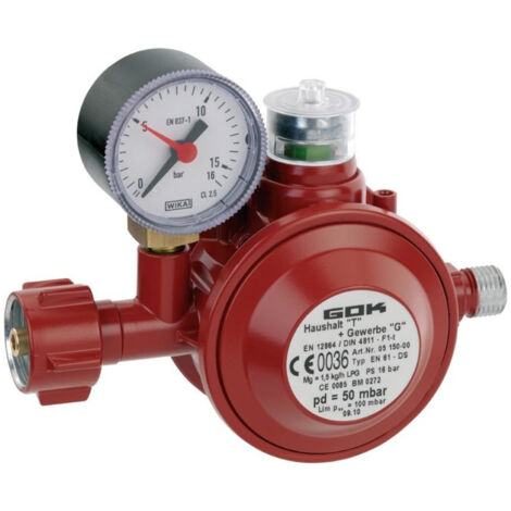 Niederdruckregler Typ EN61-DS – Überdrucksicherung KLF x G1/4LH-KN – Betriebsdruck 50 mbar – Für Gasflaschen bis 14 kg – GOK (1/4)