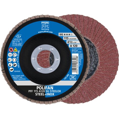 PFERD TOOLS POLIFAN Fächerscheibe PFF 115x22,23 mm flach A120 Leistungslinie SG STEELOX Stahl/Edelstahl 10 Stk (1/4)