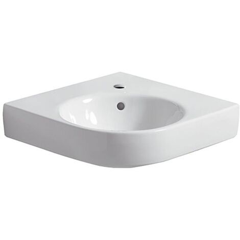 Geberit – Eckwaschtisch 69,5cm – Sanitärkeramik – Hahnloch mittig – Überlauf sichtbar – KeraTect Oberfläche – Für kleine Badezimmer (1/5)