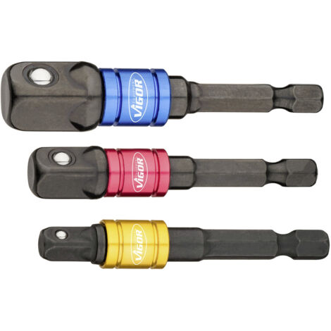 VIGOR Steckschlüssel Adapter Satz, V7603/3, 1/4 Zoll (6,3 mm) Sechskant 1/4 Zoll (6,3 mm) Vierkant, 3/8 Zoll (10 mm) Vierkant, 1/2 Zoll (12,5 mm) Vierkant, 3-teilig (1/5)