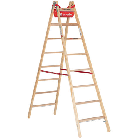 Euroline Holz Sprossenstehleiter mit Comfort-Breitsprossen, Eimerhaken und Werkzeugablagetasche 2x8 Sprossen