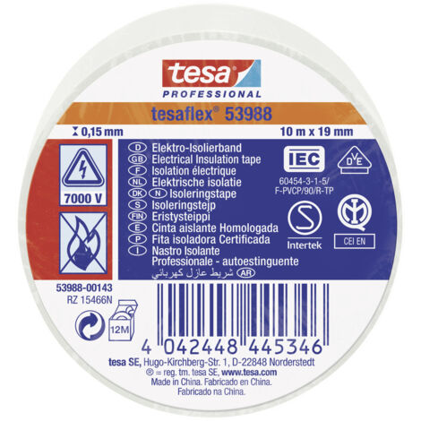 Weißes, zugelassenes Isolierband, 10 m x 19 mm, 53988 Tesa (1/2)