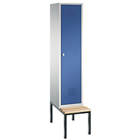 Garderobenschrank, untergeb. Sitzbank, BxTxH 420x500x2090 mm, 1 Abteil, Abt.B 400 mm, Holzleisten, Drehriegel, RAL 7035/5010 (1/3)