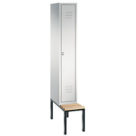 Garderobenschrank, untergeb. Sitzbank, BxTxH 320x500x2090 mm, 1 Abteil, Abt.B 300 mm, Holzleisten, Drehriegel, RAL 7035 (1/3)