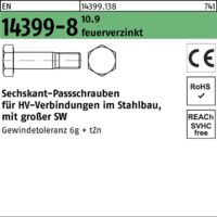 Peiner EN 14399-8 Form H Sechskant-Passschraube Gewindetoleranz 6g M22x75 Stahl 10.9 feuerverzinkt
