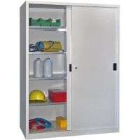 Schiebetürenschrank, Vollblechtüren, 4 verzinkte Böden, mit Trennwand, BxTxH 1500x600x1200 mm, RAL 7035