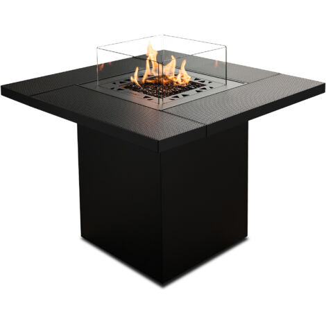 Table carrée - Cheminée à gaz d'extérieur et table de jardin en un seul appareil - Compartiment intérieur pour la bouteille de gaz - Résistant aux intempéries - Couvercle
