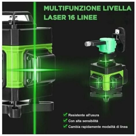 Niveau laser, 4D 16 lignes horizontales et verticales, avec 2 piles rechargeables et une rallonge de 1,2 m en alliage, réglable sur 3 hauteurs, pour trépied - Vert Vert: