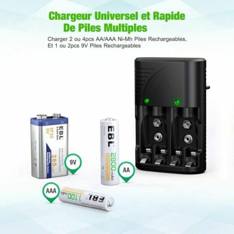Chargeur de Piles Universel pour AA/AAA/9V, Chargeur Rapide 6802 pour Piles Rechargeables NI-MH AA/AAA ou 9V, avec Indicateur LED, Tension Mondiale.