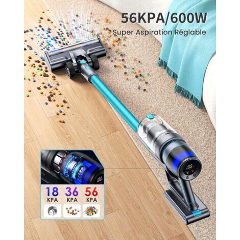 Homore 600W/56KPA/65Mins Aspirateur Balai sans Fil, Aspirateur Balai avec écran Couleur, Mode Automatique et Brosse Anti-emmêlement pour Tapis, Sols Durs, Poils d'animaux