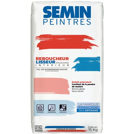 Semin – Enduit de rebouchage et lissage – Sac 15 kg – Granulométrie fine – Adhérence conforme à NFT 30 608 – Pour tous types de supports intérieurs
