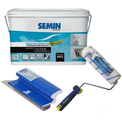 Enduit de lissage pour finition des murs, 3 fois moins de ponçage et poussière Semin - intérieur - seau de 4 kg, un rouleau - 23 cm et une lame pour enduire et lisser - 25 cm