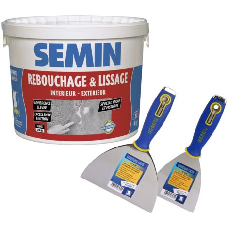 Semin – Enduit de rebouchage en pâte spécial fissures et trous – Seau 4 kg – Adhérence élevée – Pour intérieur et extérieur – Couteaux à enduire 10 et 15 cm (1/5)