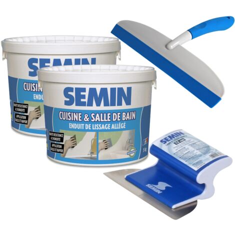 Semin – Lot de 2 enduits de lissage 5 kg – Prêt à l'emploi – Hydrofuge pour cuisines et salles de bain – Lame CE 78 15 cm et raclette 30 cm