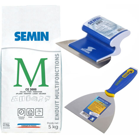 Enduit multifonctions CE 3000 Semin pour coller, fixer, reboucher, aplanir et lisser - intérieur - sac de 5 kg, un couteau à enduire - 15 cm et lame pour enduire et lisser - 15 cm (1/5)