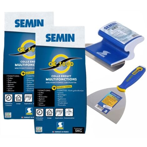 Lot de 2 enduits multifonctions CE 3000 Semin pour coller, fixer, reboucher, aplanir et lisser - intérieur - sac de 5 kg, un couteau à anduire - 15 cm et lame pour enduire et lisser - 15 cm