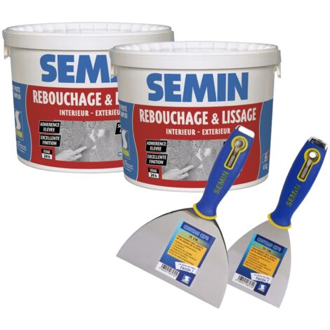 Lot de 2 enduits de rebouchage en pâte spécial fissures et trous de vis Semin - intérieur/extérieur - Seau de 4 kg, un couteau à enduire - 10 cm et un couteau à enduire multifonctions - 15 cm (1/5)