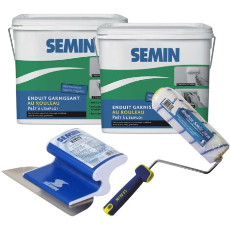Lot de 2 enduits garnissant Semin pour la rénovation des supports très endommagés - intérieur - seau de 10 kg, A06723 Rouleau pour application d'enduit - 23 cm, une lame pour enduire et lisser - 15 cm