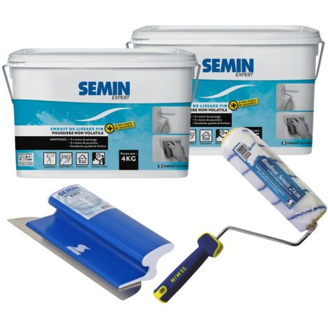 Lot de 2 enduits de lissage pour finition des murs, 3 fois moins de ponçage et poussière Semin - intérieur - seau de 4 kg, un rouleau - 23 cm et une lame pour enduire et lisser - 25 cm