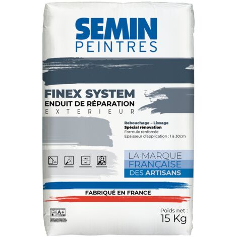 Semin – Enduit de lissage extérieur 15 kg – Granulométrie fine – Adhérence conforme DTU 42.1 – Épaisseur d'application jusqu'à 30 mm (1/8)