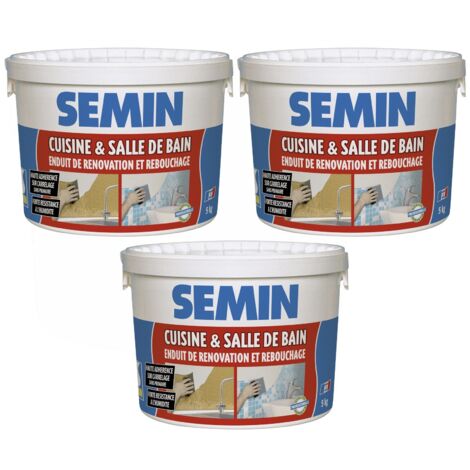 Lot de 3 enduits de rebouchage et rénovation spécial cuisine et salle de bain Semin - adapté aux pièces humides - seau de 5 kg (1/5)