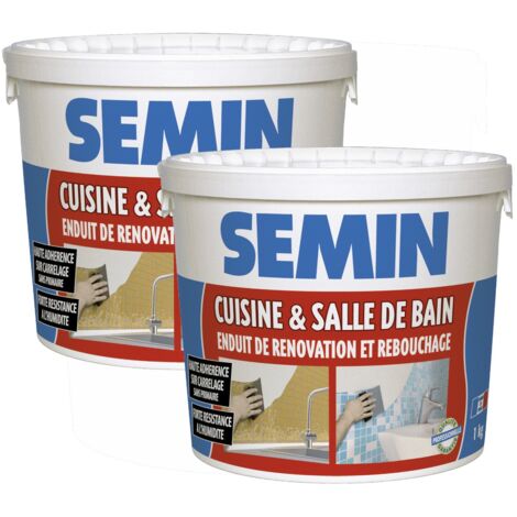 Lot de 2 enduits de rebouchage et rénovation spécial cuisine et salle de bain Semin - adapté aux pièces humides - seau de 1 kg (1/5)