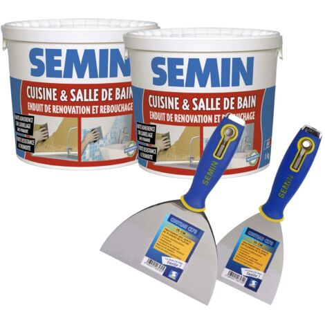 Lot de 2 enduits de rebouchage et rénovation spécial cuisine et salle de bain Semin - seau de 1 kg, un couteau à enduire CE 78 - 10 cm et un couteau à enduire multifonctions CE 78 - 15 cm (1/5)
