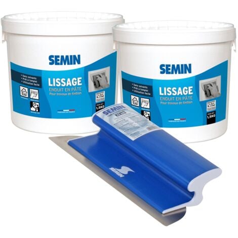 Lot de 2 enduits de lissage en pâte Semin pour murs et plafonds - intérieur - seau de 1,5 kg et une lame CE 78 pour enduire et lisser - 25 cm