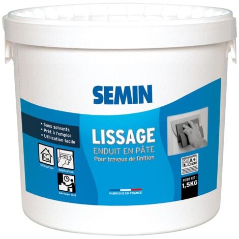 Lot de 2 enduits de lissage en pâte Semin pour murs et plafonds - intérieur - seau de 1,5 kg et une lame CE 78 pour enduire et lisser - 25 cm