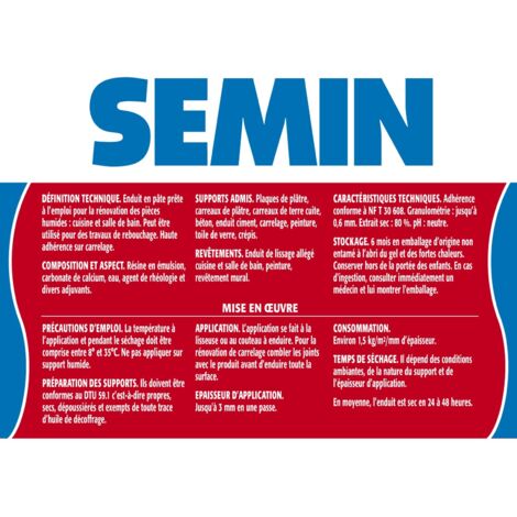 Enduit de rebouchage et rénovation spécial cuisine et salle de bain Semin - adapté aux pièces humides - seau de 1 kg