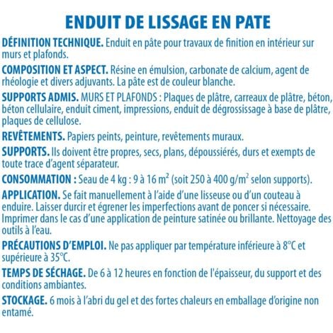 Lot de 2 enduits de lissage en pâte Semin pour murs et plafonds - intérieur - seau de 4 kg et une lame CE 78 pour enduire et lisser - 25 cm