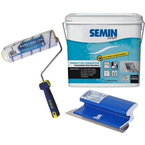 Enduit de lissage - Semin - Finition des Murs - Intérieur - Seau 10 kg Seau, un Rouleau, 23 cm et une Lame pour Enduire et Lisser, 25 cm