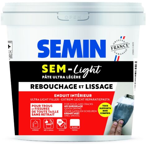 Semin – Enduit de rebouchage allégé – Pour murs et plafonds intérieurs – Séchage rapide – Seau de 5 L – Formule sans retrait