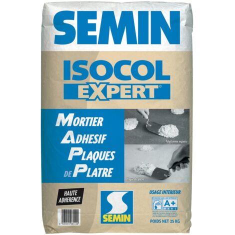 Semin – Mortier adhésif haute adhérence pour plaques de plâtre – Sac de 25 kg – Temps de prise 2h – Pour béton et polystyrène