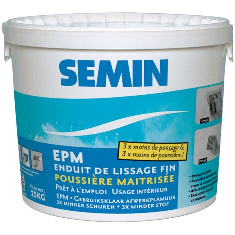 Semin – Enduit de lissage fin 25 kg – Poussière maîtrisée pour application intérieure – Ponçage réduit – Finition de qualité