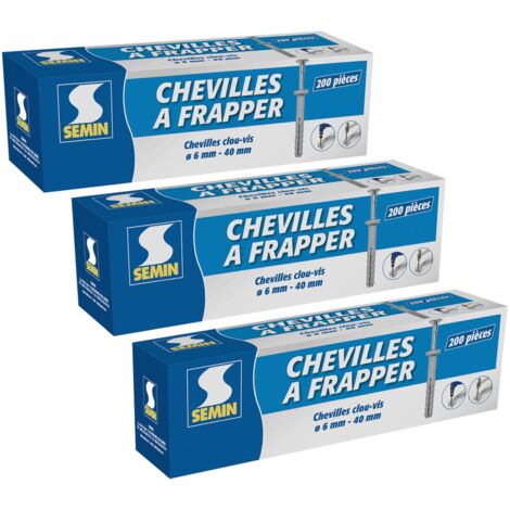Semin – Cheville à frapper nylon 6 x 40 mm – Lot de 600 chevilles – Pour béton et bois – Collet de sécurité pour fixation solide