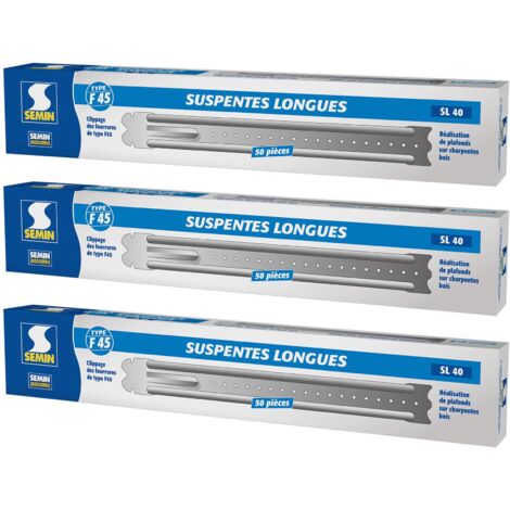 Semin – Suspentes longues 400 mm F45 – Acier galvanisé 75/100 – Boite de 50 unités – Pour faux plafonds et plafonds suspendus