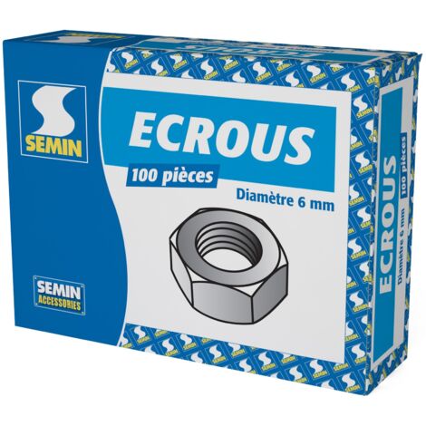 Semin – Écrou hexagonal 6 mm – Filetage métrique pas standard – Acier galvanisé – Boîte de 100 pièces – Résistance élevée pour tiges filetées