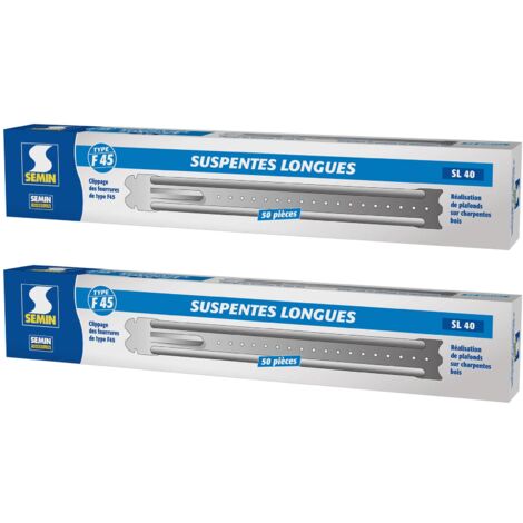 Semin – Suspentes longues 400 mm F45 – Acier galvanisé pour faux plafonds – Boite de 50 – Fixation rapide en bordure de charpente