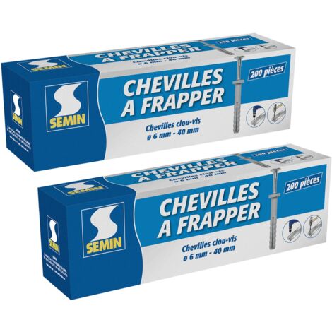 Semin – Cheville à frapper nylon 6 x 40 mm – Lot de 200 – Fixation solide pour béton et supports variés – Installation rapide avec empreinte cruciforme