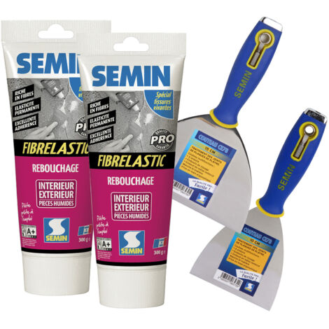 Enduit de rebouchage élastique pour fissures vivantes Fibrelastic Semin - intérieur/extérieur - tube de 300 g (lot de 2), un couteau à enduire - 10 cm et 15 cm