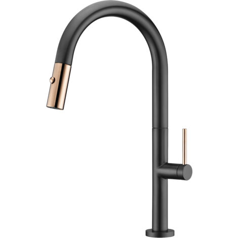 Mice - Robinet de cuisine avec douchette - évier monocommande extractible Série Samoa Noir Mat et Or Rose GCE017/NOR
