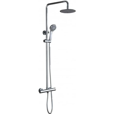 La barre de douche thermostatique extensible Mice est dotée d'une pomme de douche ronde et extra-plate, activée par un bouton d'économie marche/arrêt