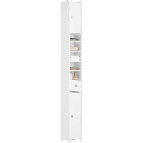 SoBuy Colonne de Salle de Bain étroite, Meuble de Rangement, Armoire de Toilette avec 4 étagères réglables, 1 Tiroirs et 2 Portes, Blanc, L20xP20xH180cm, BZR34-W