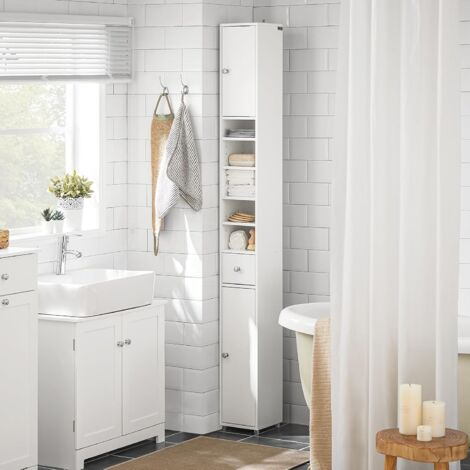 SoBuy Colonne de Salle de Bain étroite, Meuble de Rangement, Armoire de Toilette avec 4 étagères réglables, 1 Tiroirs et 2 Portes, Blanc, L20xP20xH180cm, BZR34-W