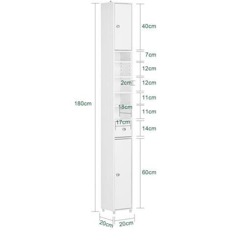 SoBuy Colonne de Salle de Bain étroite, Meuble de Rangement, Armoire de Toilette avec 4 étagères réglables, 1 Tiroirs et 2 Portes, Blanc, L20xP20xH180cm, BZR34-W