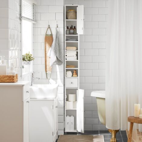 SoBuy Colonne de Salle de Bain étroite, Meuble de Rangement, Armoire de Toilette avec 4 étagères réglables, 1 Tiroirs et 2 Portes, Blanc, L20xP20xH180cm, BZR34-W