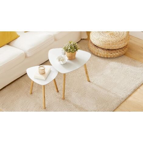 Lot de 2 Tables Basses Gigognes, Pieds en Bambou Naturel, Design Moderne, Plateau Blanc en MDF, Tables d'Appoint Multifonction pour Salon, SoBuy® FBT74-W