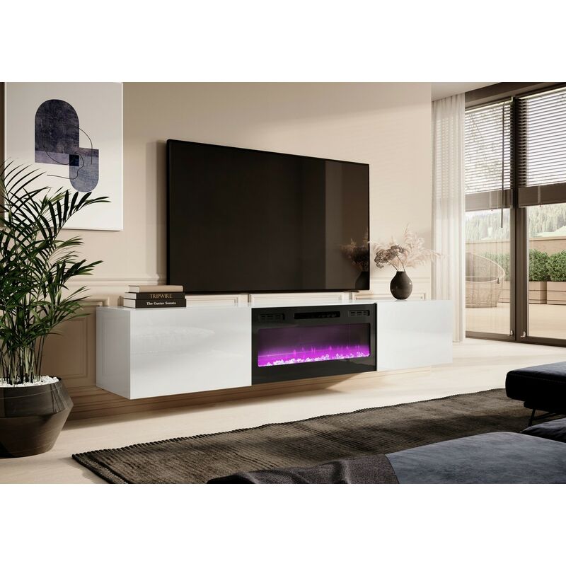 Meuble TV Blanc Brillant 190x49x37cm Avec Cheminée Chauffante Intégrée Roxa  À Poser - Meuble TV BUT