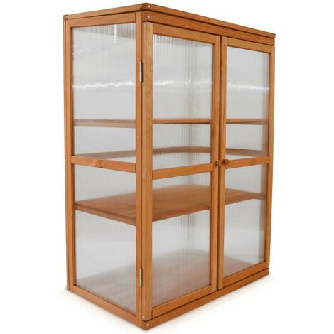 Serre de jardin en bois avec châssis 3 étagères – Dimensions 76x47x110,5 cm – Plaques en polycarbonate double paroi – Résistante aux UV et gel – Hecht